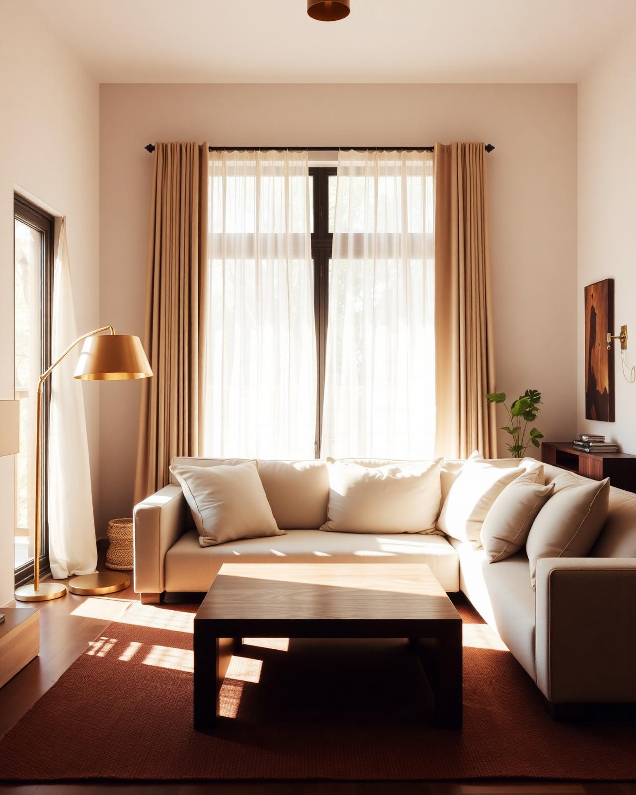 Sala contemporánea con sofá de lino y lámpara de latón